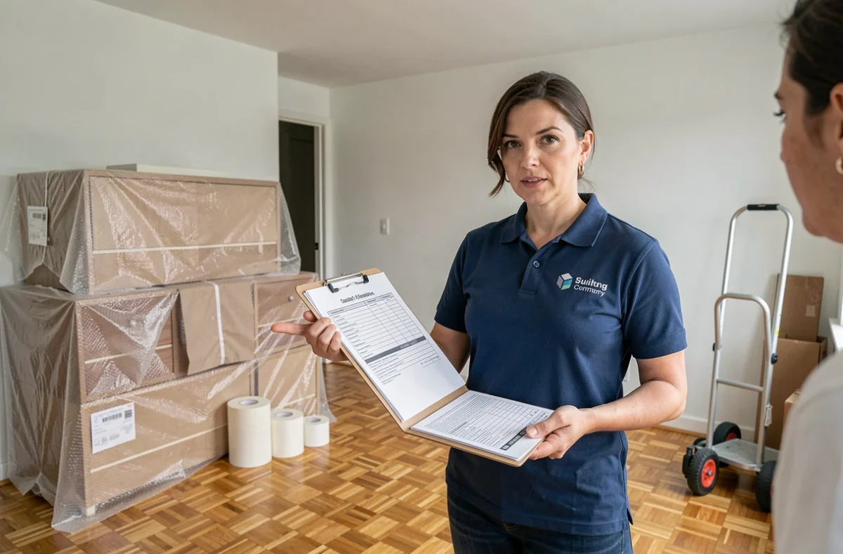 Déménageuse professionnelle tenant un devis sur un clipboard dans un appartement vide en cours de déménagement