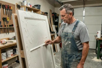 Homme examinant une porte en bois avec apprêt non poncé dans un atelier de bricolage