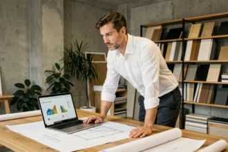 Architecte analysant des plans de construction pour réduire l'empreinte carbone d'un bâtiment