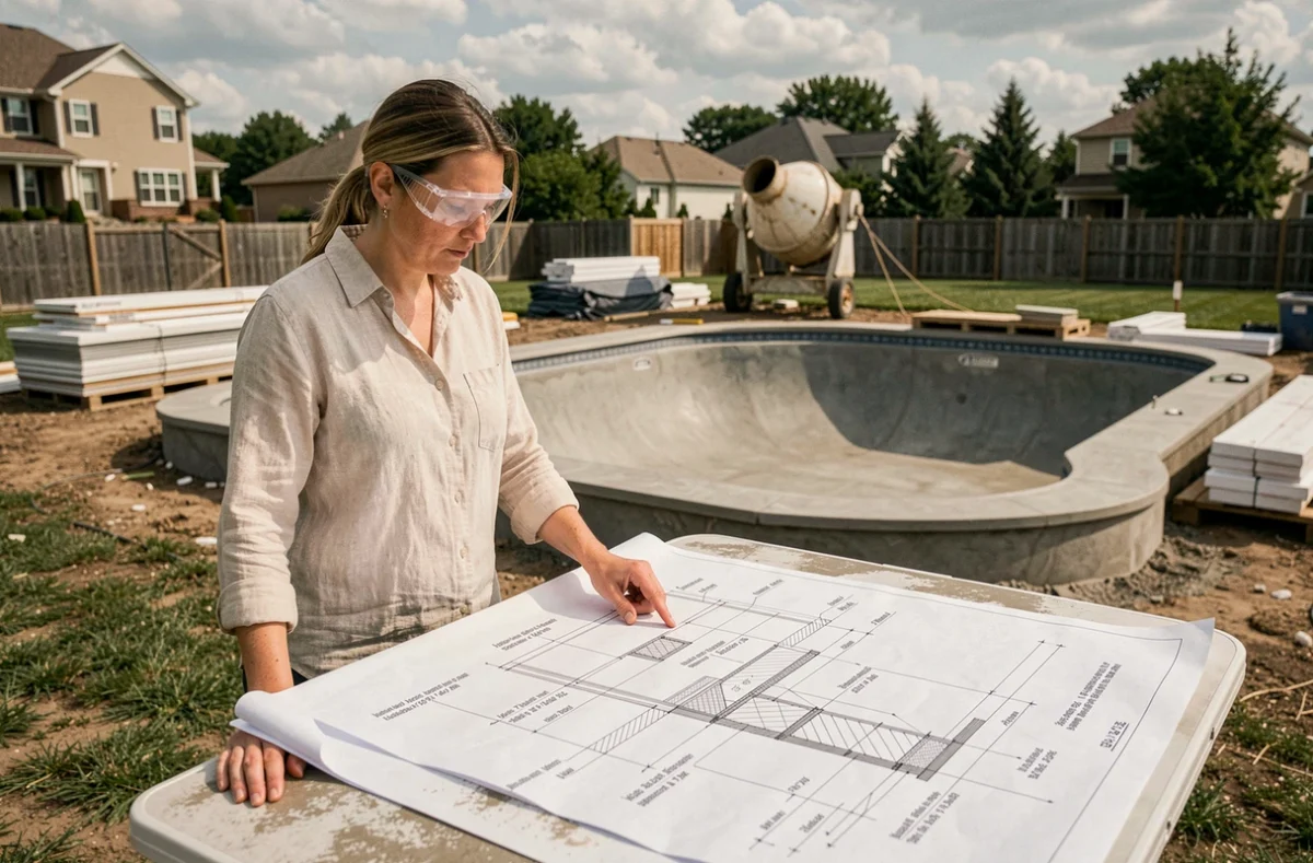 Architecte consultant des plans techniques indiquant l'épaisseur des parois d'une piscine en béton armé sur un chantier résidentiel
