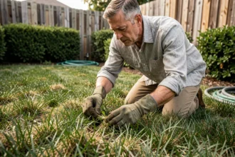 Homme en train d'arracher des mauvaises herbes à la main dans une belle pelouse verte bien entretenue