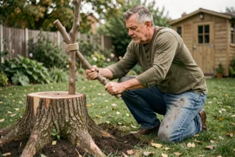 Homme arrachant une souche d'arbre dans un jardin avec une corde et un levier en bois sans outil électrique