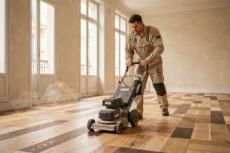 Artisan ponçant un parquet en chêne avec une ponceuse à bande dans un appartement parisien vide
