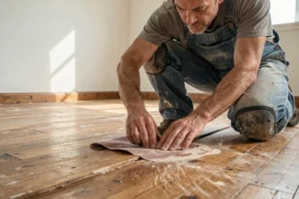 Artisan ponçant un vieux parquet en chêne à la main avec du papier abrasif à gros grain dans un appartement vide