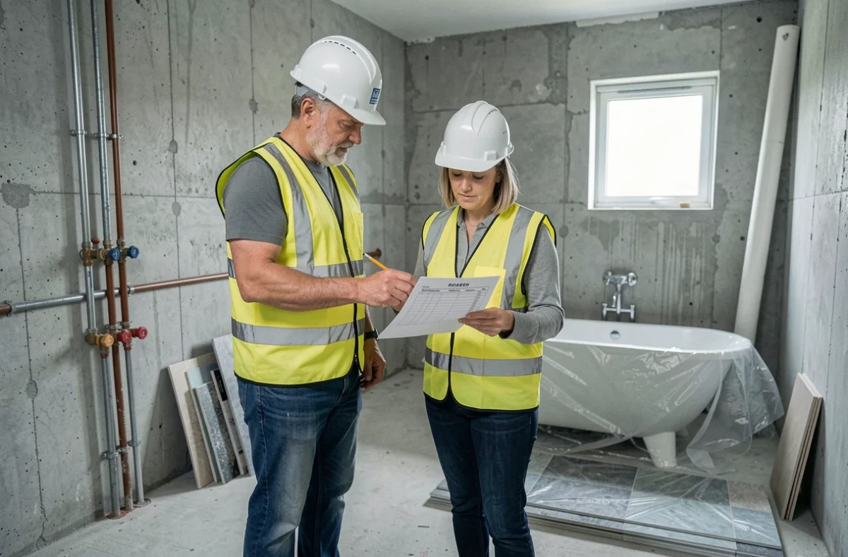 Deux artisans en veste de sécurité examinant un devis de rénovation dans une salle de bain en chantier