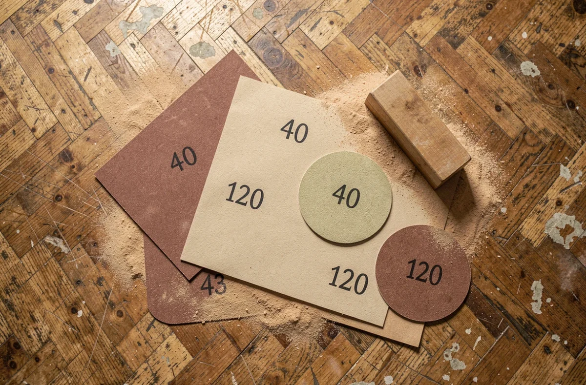 Assortiment de papiers abrasifs et disques de ponçage de différents grains posés sur un vieux parquet rayé et usé