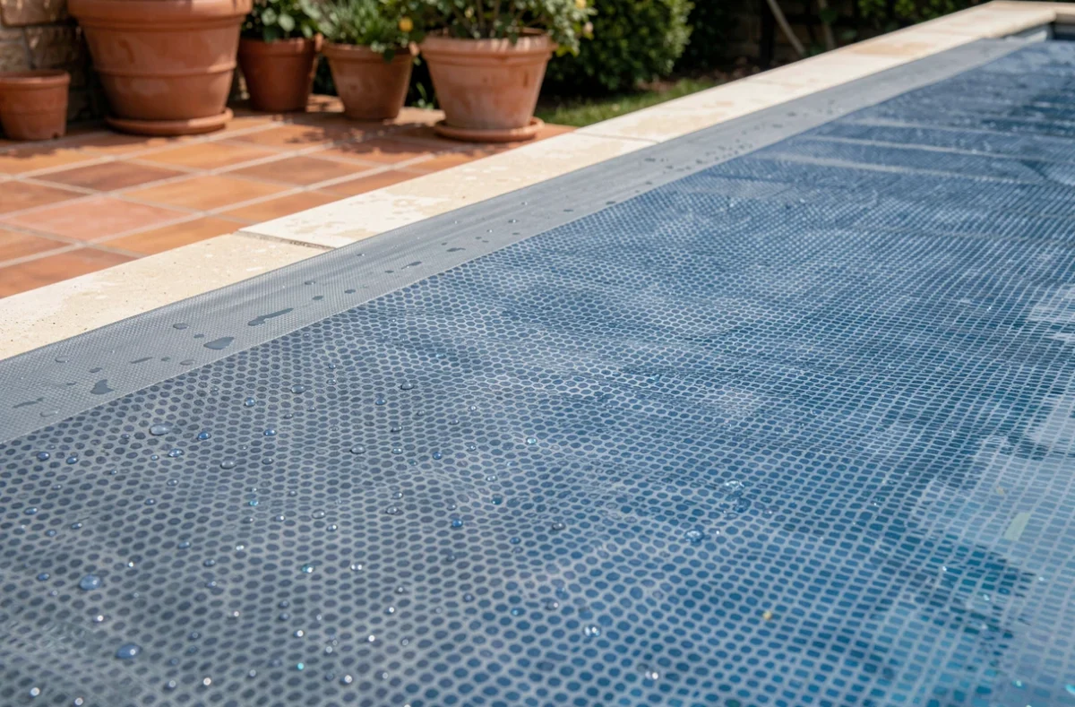 Gros plan sur une bâche solaire à bulles bleue recouvrant une piscine extérieure en été