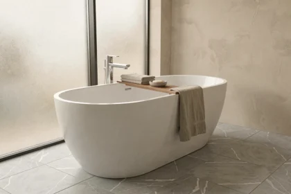 Baignoire autoportante ovale blanche dans une salle de bain minimaliste moderne avec sol en pierre grise