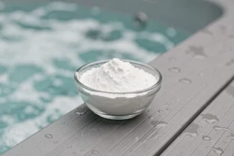 Bol de bicarbonate de soude posé sur le bord d'un spa extérieur moderne avec eau turquoise en arrière-plan