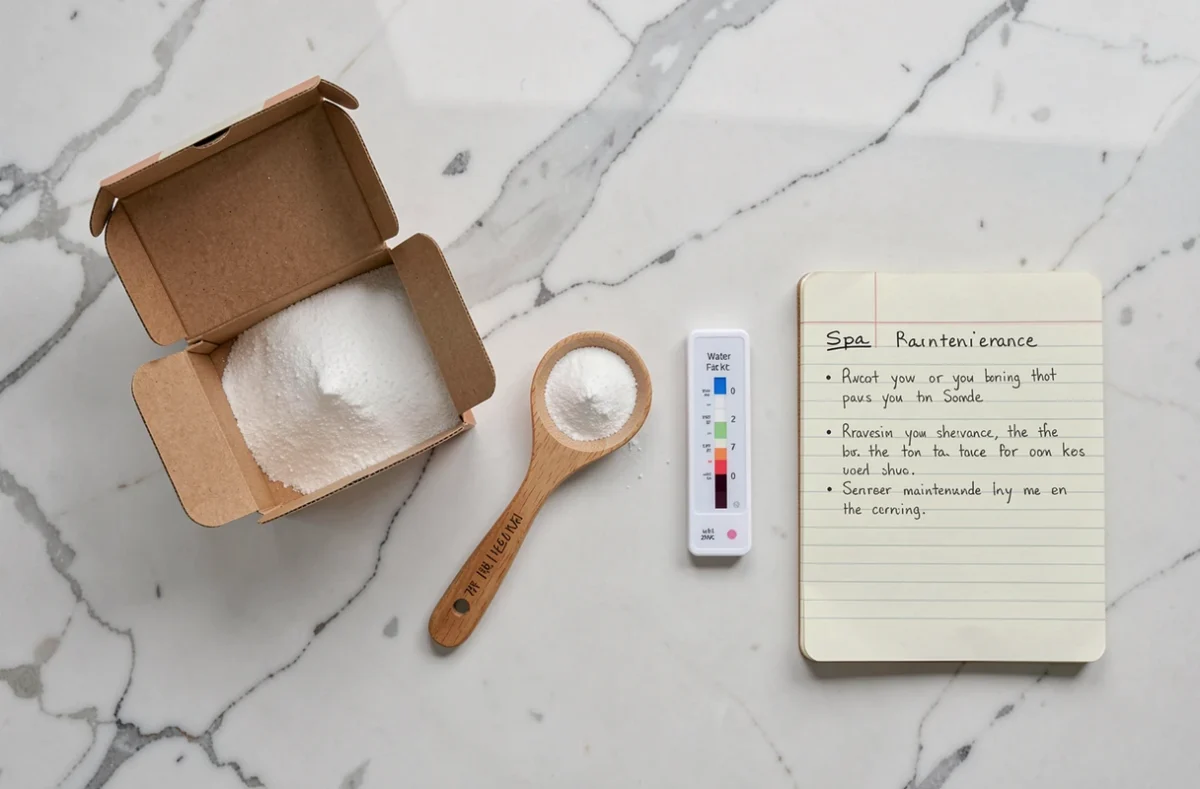 Vue du dessus d'un comptoir en marbre avec bicarbonate de soude, bandelettes de test pH et carnet de maintenance pour spa
