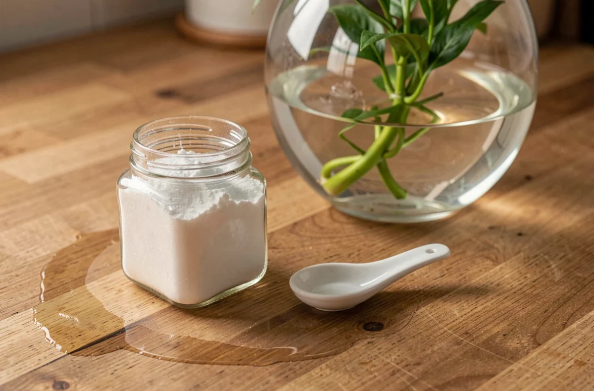 Bocal de bicarbonate de soude sur un comptoir en bois avec une plante aquatique en arrière-plan flou