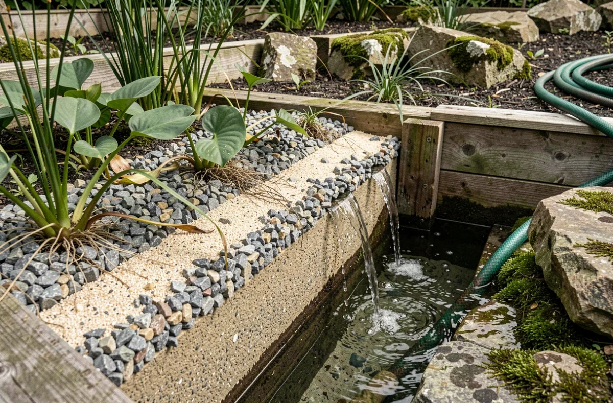 Système de biofiltration naturelle pour piscine avec gravier, sable et plantes aquatiques purificatrices