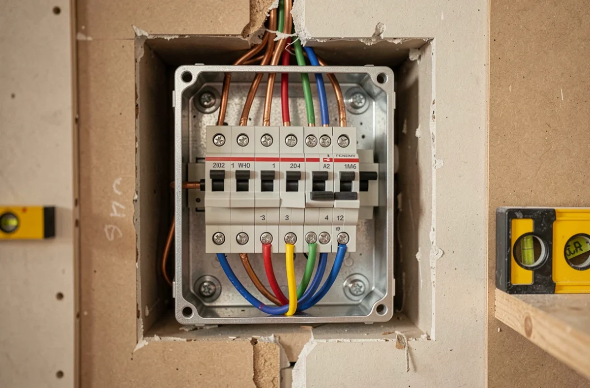 Boîte de dérivation électrique correctement câblée avec fils code couleur conformes à la norme NF C 15-100