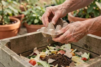 Mains déchirant une boîte d'œufs en carton au-dessus d'un bac à compost en bois rempli de déchets organiques dans un jardin