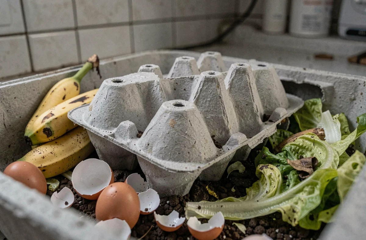 Gros plan d'une boîte d'œufs en carton gris posée dans un composteur avec des épluchures de banane, des coquilles d'œufs et du marc de café