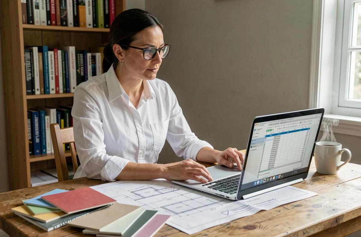 Femme architecte calculant un budget de rénovation avec plans et tableur sur ordinateur portable à son bureau
