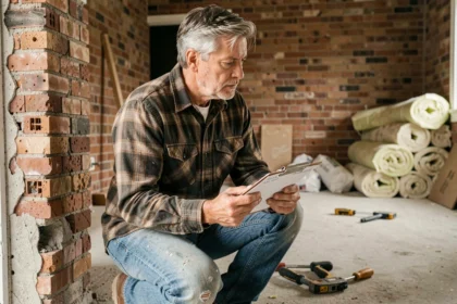 Entrepreneur en bâtiment estimant les coûts de rénovation dans un salon en chantier avec clipboard et murs démolis