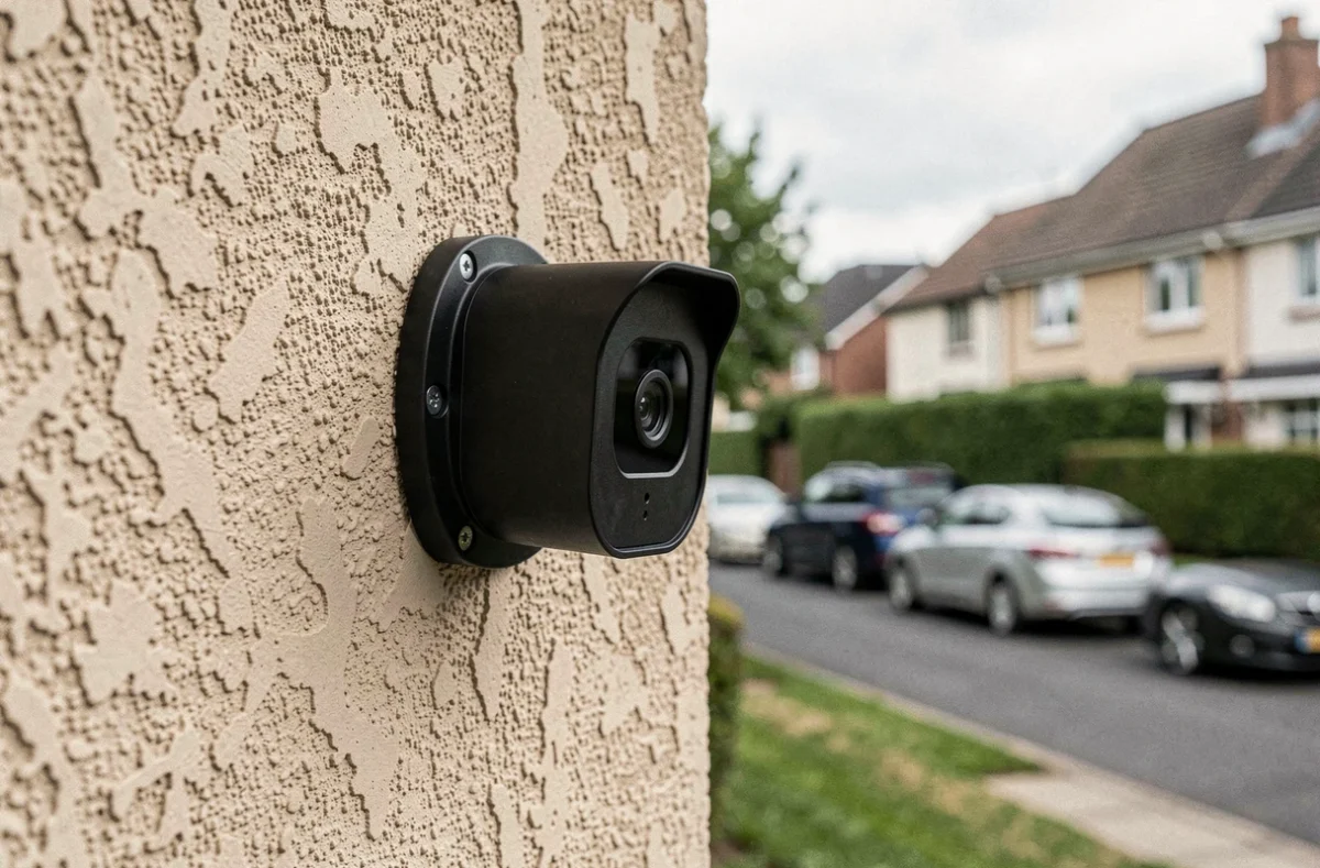Caméra de surveillance sans fil installée sur la façade extérieure d'une maison pour améliorer la sécurité résidentielle à faible coût