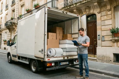 Camion de déménagement 20m3 garé devant un immeuble résidentiel français, portes arrière ouvertes avec cartons et meubles emballés