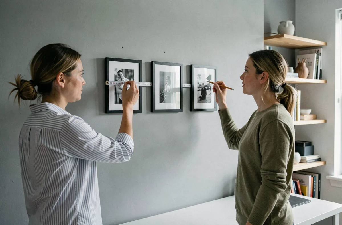 Deux femmes mesurant l'espacement pour centrer une série de cadres photos sur un mur gris dans un bureau à domicile