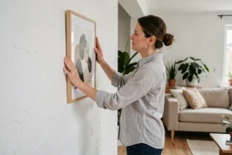 Femme en train de centrer un tableau sur un mur blanc dans un salon minimaliste scandinave