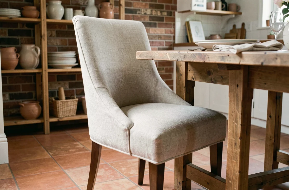 Chaise d'appoint tapissée utilisée comme chaise de salle à manger dans une cuisine rustique