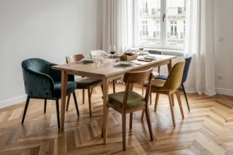 Chaises d'appoint dépareillées autour d'une table à manger en chêne dans une salle à manger moderne