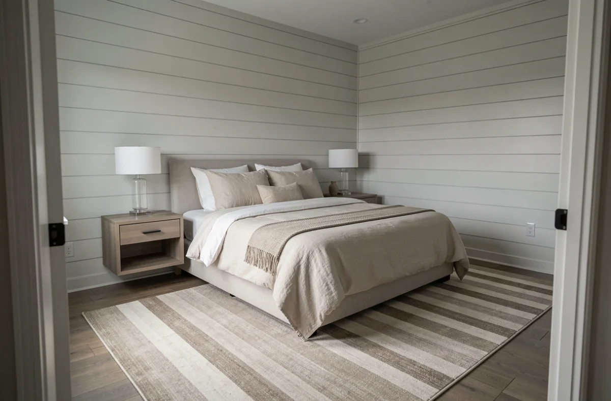 Chambre à coucher étroite avec lambris horizontal et tapis rayé pour créer une illusion de largeur