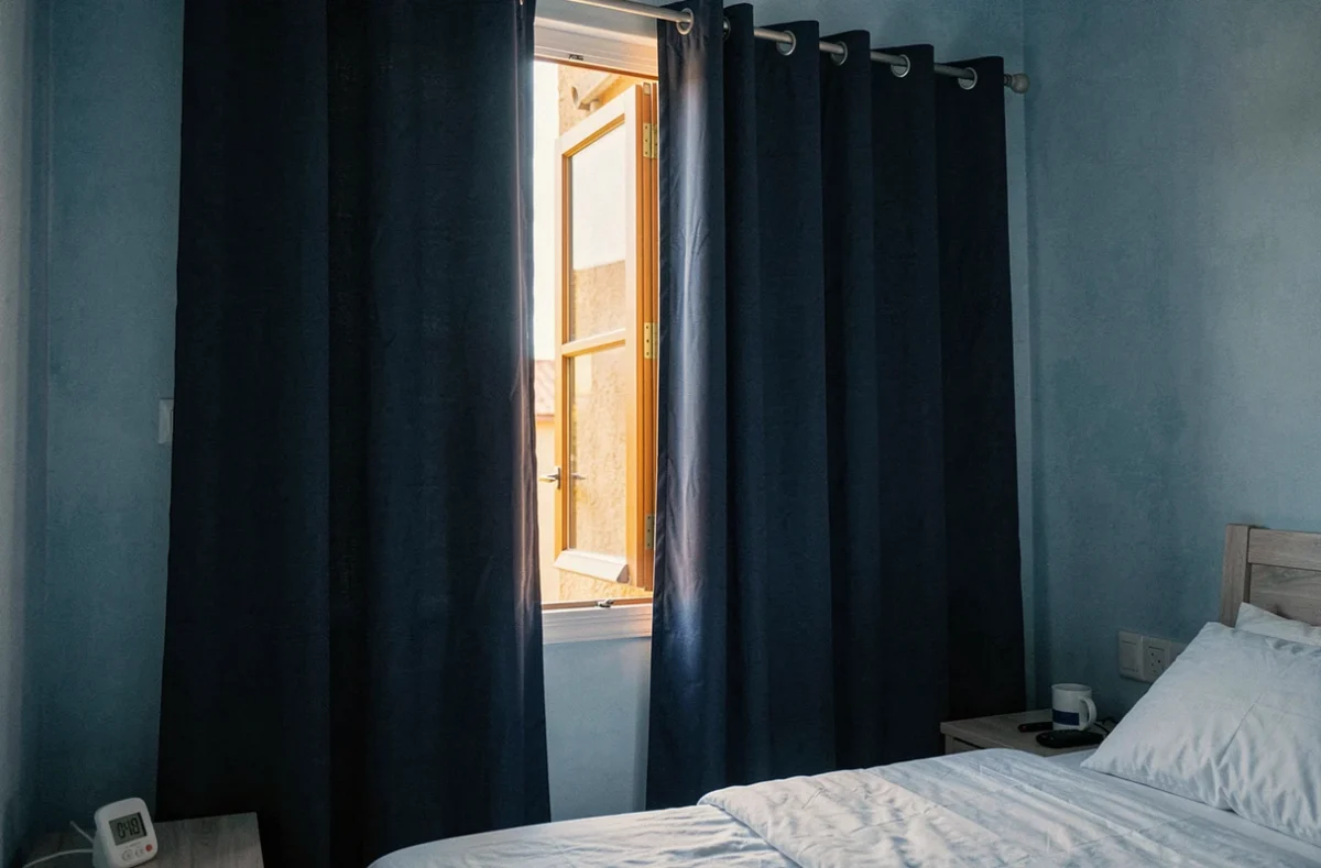 Chambre avec rideau occultant bleu marine à moitié fermé montrant la différence de chaleur entre intérieur et extérieur