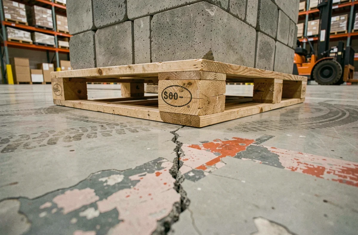Palette de blocs de béton lourds posée sur un sol d'entrepôt montrant des marques de compression et microfissures