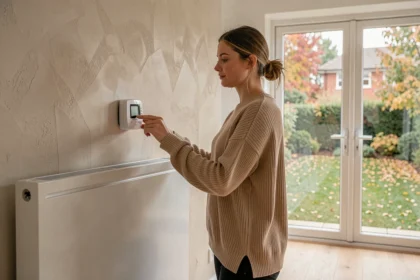 Femme réglant le thermostat d'un radiateur électrique dans une maison neuve au design épuré