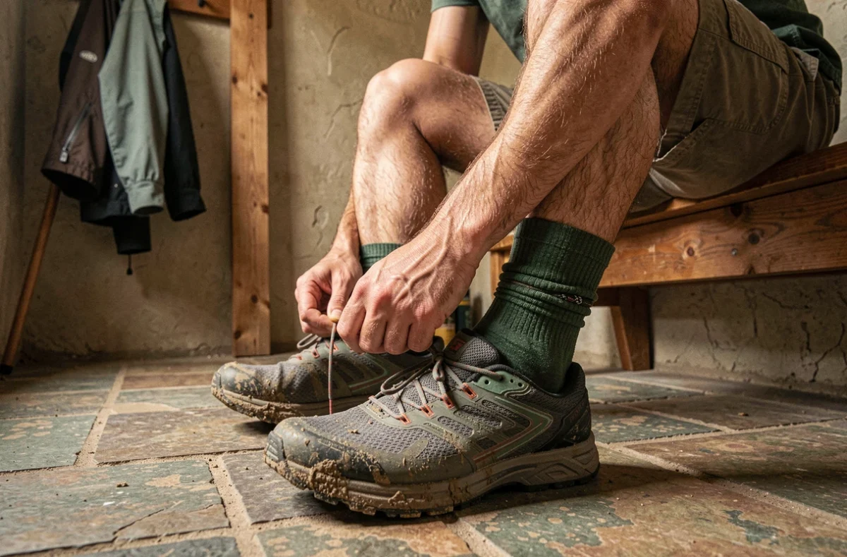 Gros plan sur des pieds portant des chaussettes de randonnée résistantes après une sortie extérieure, soulignant l'importance d'un lavage régulier