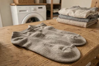 Paire de chaussettes de sport épaisses posées sur une étagère en bois dans une buanderie, mettant en valeur leur texture renforcée et leur durabilité