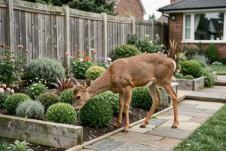 Chevreuil s'approchant des plantes d'un jardin ornemental en bord de clôture en bois