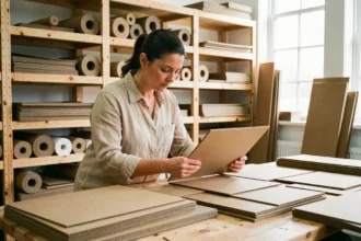 Femme examinant différents types de cartons dans un atelier d'emballage professionnel