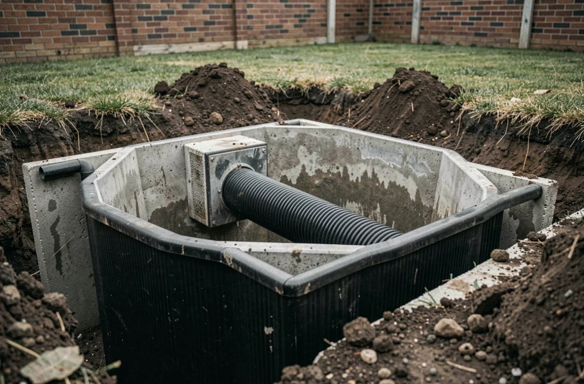 Citerne enterrée de récupération d'eau de pluie en cours d'installation dans un jardin