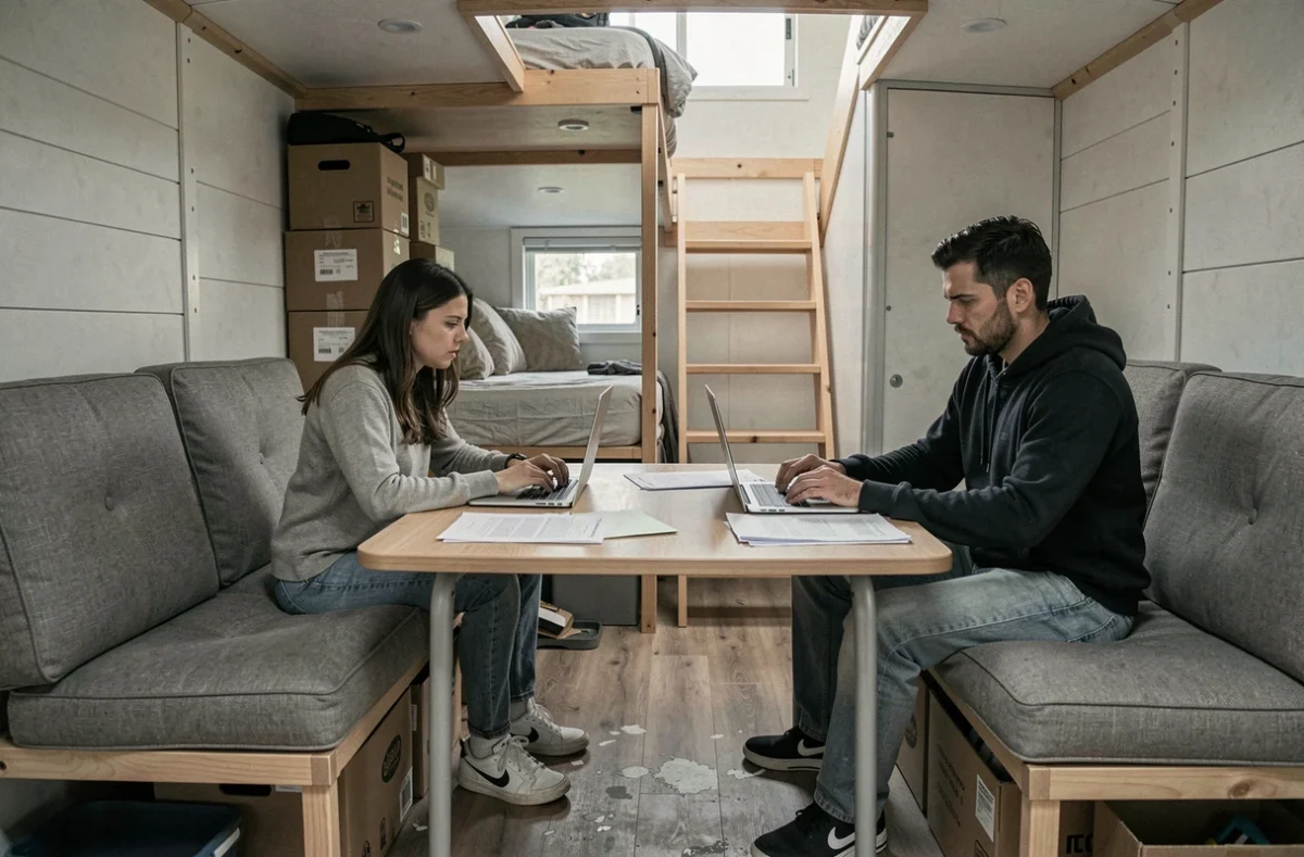 Couple en tension dans l'espace de vie restreint d'une tiny house illustrant les difficultés de cohabitation