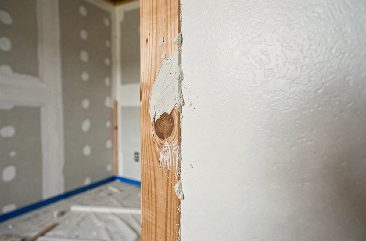 Comparaison entre apprêt poncé et non poncé sur une surface en bois lors d'une rénovation intérieure