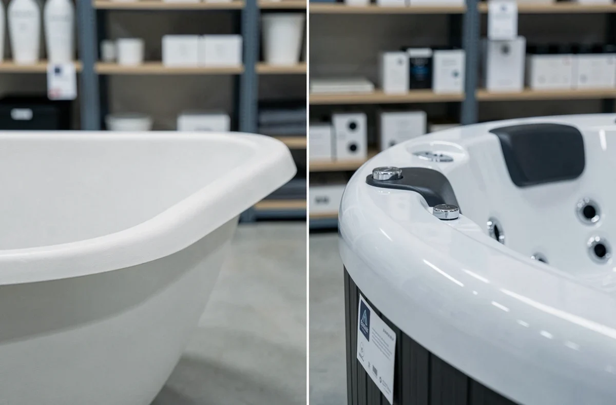 Comparaison détaillée entre le bord d'une baignoire en fonte et les buses d'un jacuzzi dans un showroom