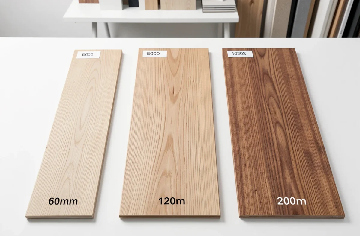 Comparaison de trois largeurs de lames de parquet côte à côte — étroite, moyenne et large — sur fond blanc dans un studio de design d'intérieur