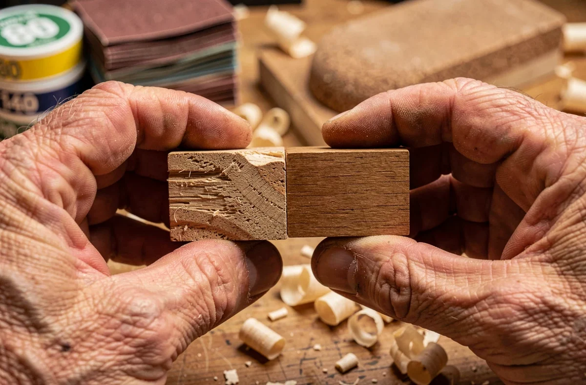 Comparaison en gros plan de deux surfaces de bois, l'une brute et l'autre bien poncée, tenues par des mains expertes d'un ébéniste