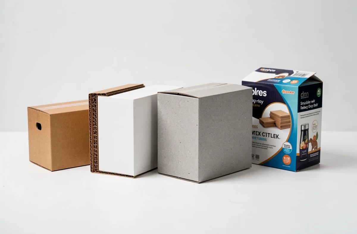 Comparaison visuelle de différents types de cartons : carton ondulé simple, double cannelure, carton plat et emballage imprimé