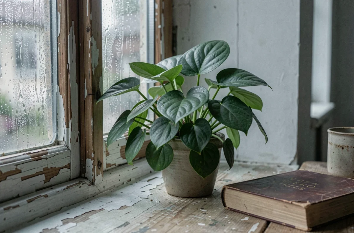 Plantes vertes sur un rebord de fenêtre avec condensation révélant une mauvaise qualité de l'air intérieur