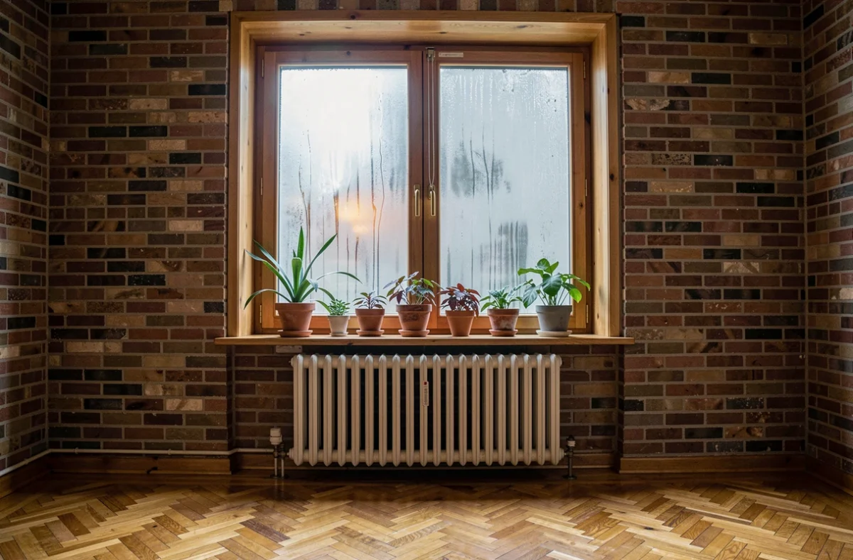 Condensation sur une fenêtre avec radiateur en fonte en dessous dans une pièce de maison