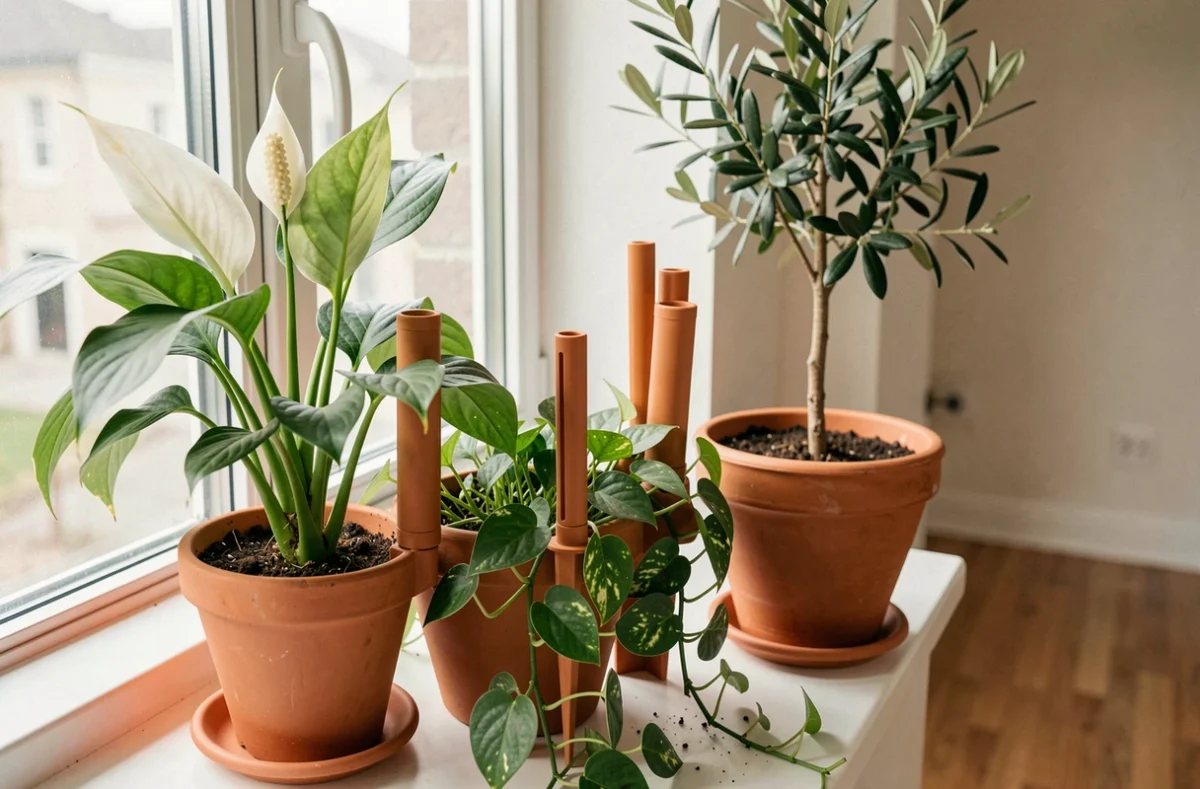Cônes d'arrosage en céramique insérés dans des plantes en pot sur un rebord de fenêtre pour maintenir l'humidité pendant une absence