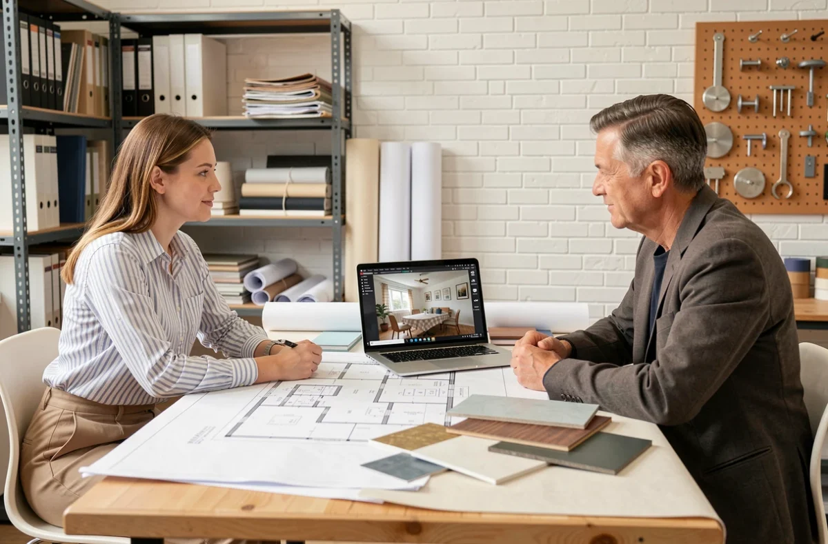 Décoratrice d'intérieur en consultation avec un client autour de plans et échantillons de matériaux dans un studio de design professionnel