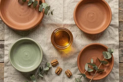 Composition flat lay avec pot de miel doré, céramiques terracotta et vert sauge sur nappe en lin naturel