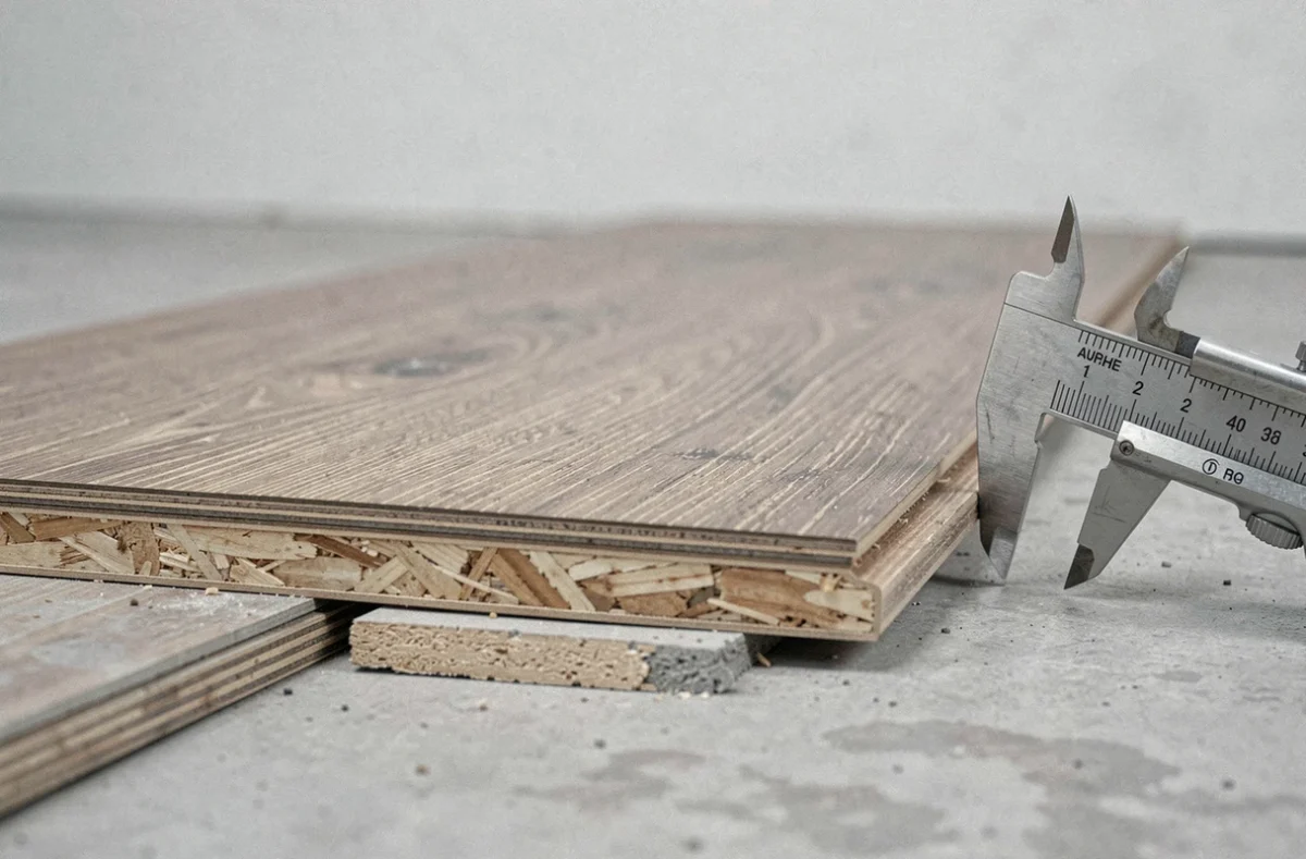Coupe transversale d'un parquet stratifié montrant les différentes couches et l'épaisseur mesurée avec un pied à coulisse