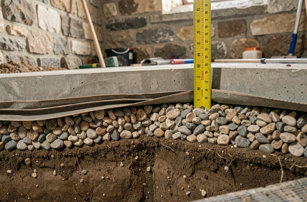 Coupe transversale du sol d'une cave montrant les couches de gravier, géotextile et dalle béton avec une règle graduée pour mesurer l'épaisseur