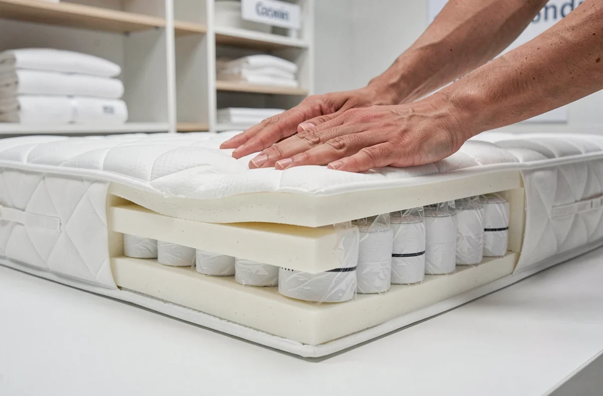 Coupe transversale d'un matelas haute densité avec ressorts ensachés et couche de mousse, idéal pour les personnes de forte corpulence